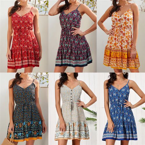Summer Dress Women Floral Print Sling Backless Mini Dress