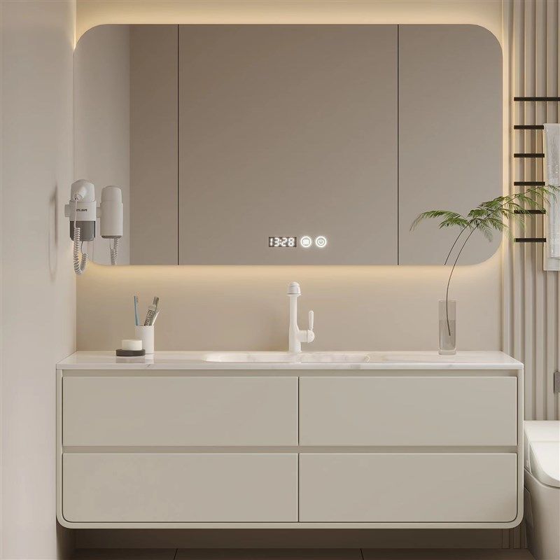 岩板热弯一体盆橡木浴室柜奶油风圆角洗漱台洗脸盆柜定制