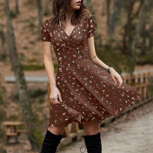 Casual Short Sleeve Party Dress Retro Robe Women V-Neck