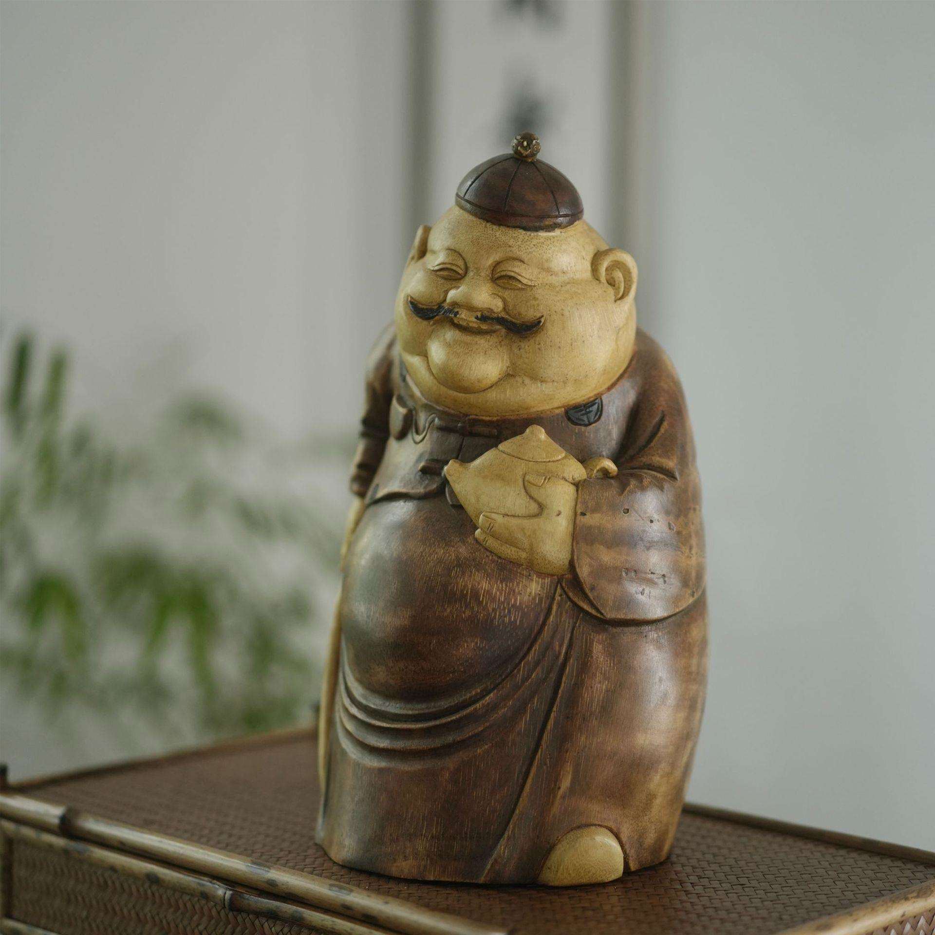 天然老竹根地主老财手工竹雕摆件实心竹制文玩