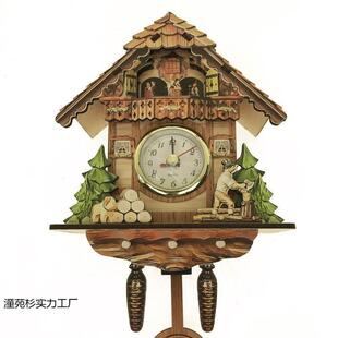 报时布谷鸟木质复古北欧挂钟咕咕挂饰时钟闹钟整点钟表客厅风格