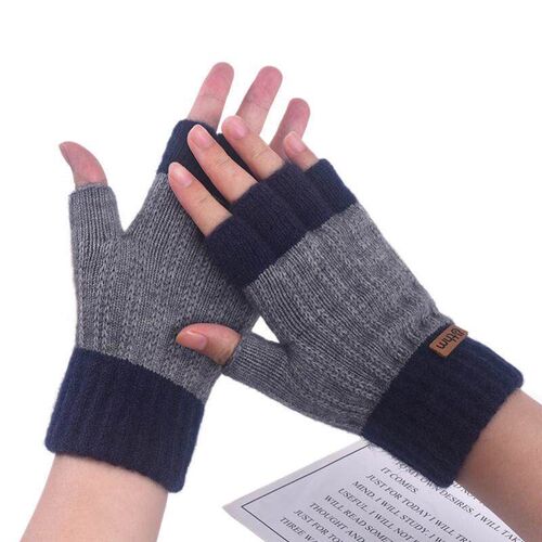 Mens Half-Finger Thickened Warm Gloves, Knitted Open-Finger