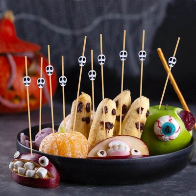 100Pcs Skull Bamboo Pick Fruit Fork Dessert Cocktail Disposa