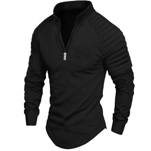 Mens long-sleeved polo shirt zipper standing collar arm ple