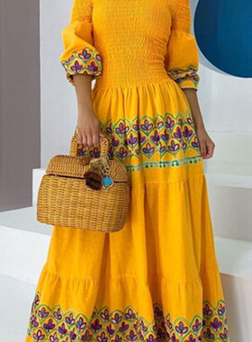 Ethnic Printed Drape Hem Floor-Length Dress Women Spring