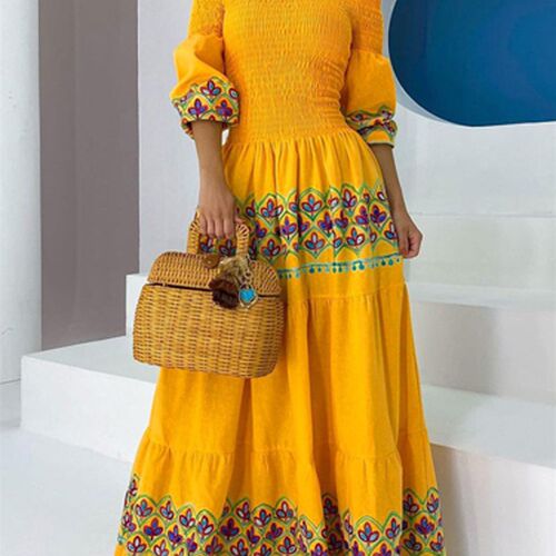 Ethnic Printed Drape Hem Floor-Length Dress Women Spring