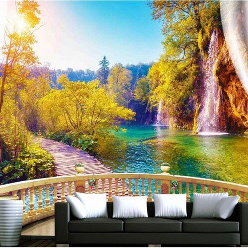 3d wallpaper Jiuzhaigou balcony lake blue green water clouds