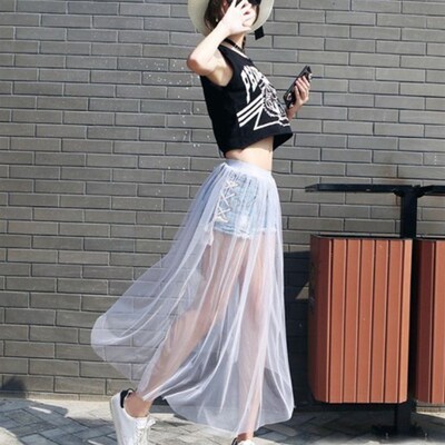 2023 Summer Long Lace Skirt Women Black White Mesh Voile Cas