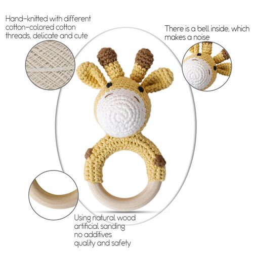 1pc Baby Wooden Rattle Toy Crochet Animal Giraffe Baby Teeth