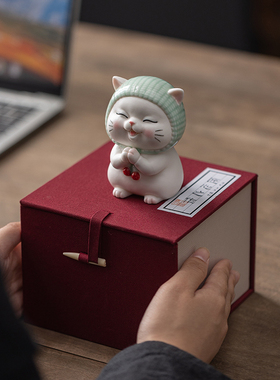 可爱卡通陶瓷招财许愿猫咪小摆件客厅办公室桌面装饰汽车载工艺礼