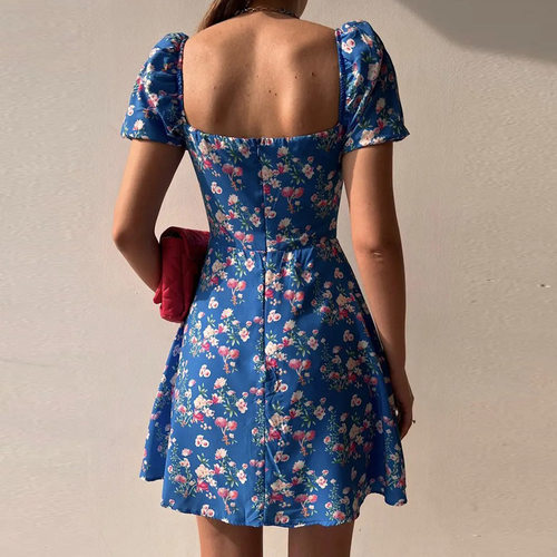 WildPinky  Summer Print Dress French Style Puff Sleeve