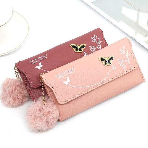Fashionable New Women Long Wallets Pure Color Wool Ball Bow