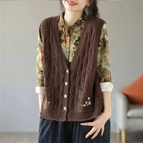 Autumn Sweater Vest Women Design Side-button Spring Vintage