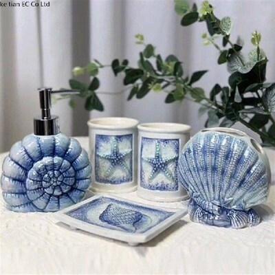 Blue Conch Ceramic Bathroom 5-piece Set Hand Sanitizer
