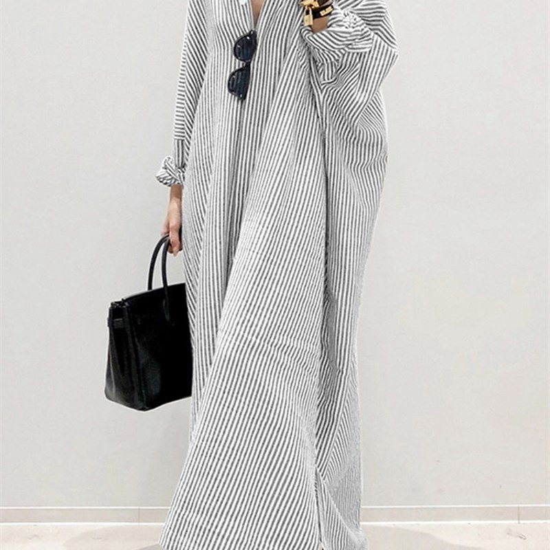 Casual Loose Shirt Stripe Dress Spring Women Long Sleeve图片