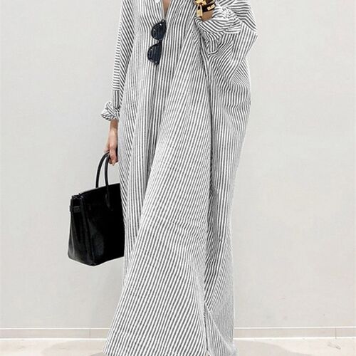 Casual Loose Shirt Stripe Dress Spring Women Long Sleeve