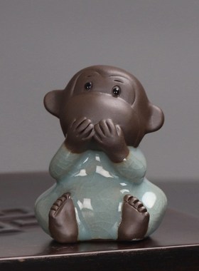 哥窑三不猴茶宠精品摆件陶瓷不说不听不看可养四不小猴子家居茶玩