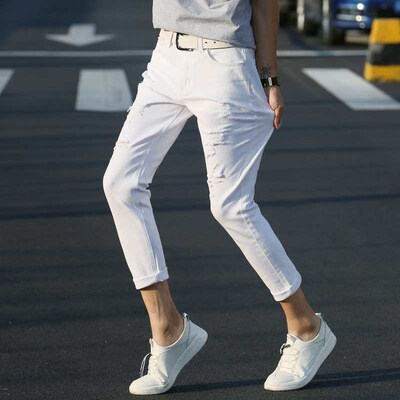 Summer High-elastic Boys Pure Black Ripped Jeans Stetch Slim