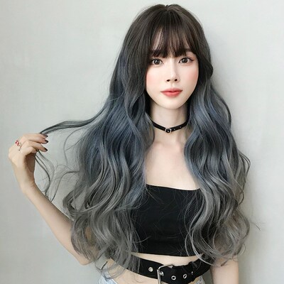 Long Wavy Gradient BlueGray Wig for Women Full Head Wig Fash