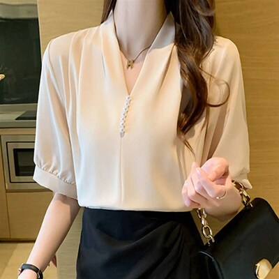 Fashion Beading Puff Short Sleeve V-Neck Chiffon Shirt Women