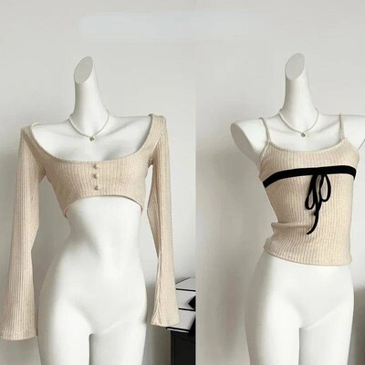 Korean Fashion Two Piece Sets Woman 2024 New Cropped Sweater