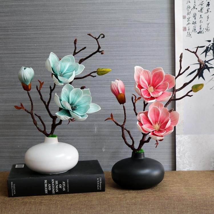 花手感玉兰花套装盆景新中式花艺客厅装饰花电视柜假花摆件