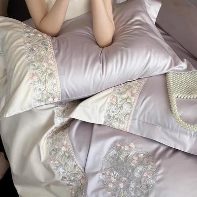 1轻奢风100S长绒棉四件套少女心花卉刺绣被套柔软全棉1.8m床上用