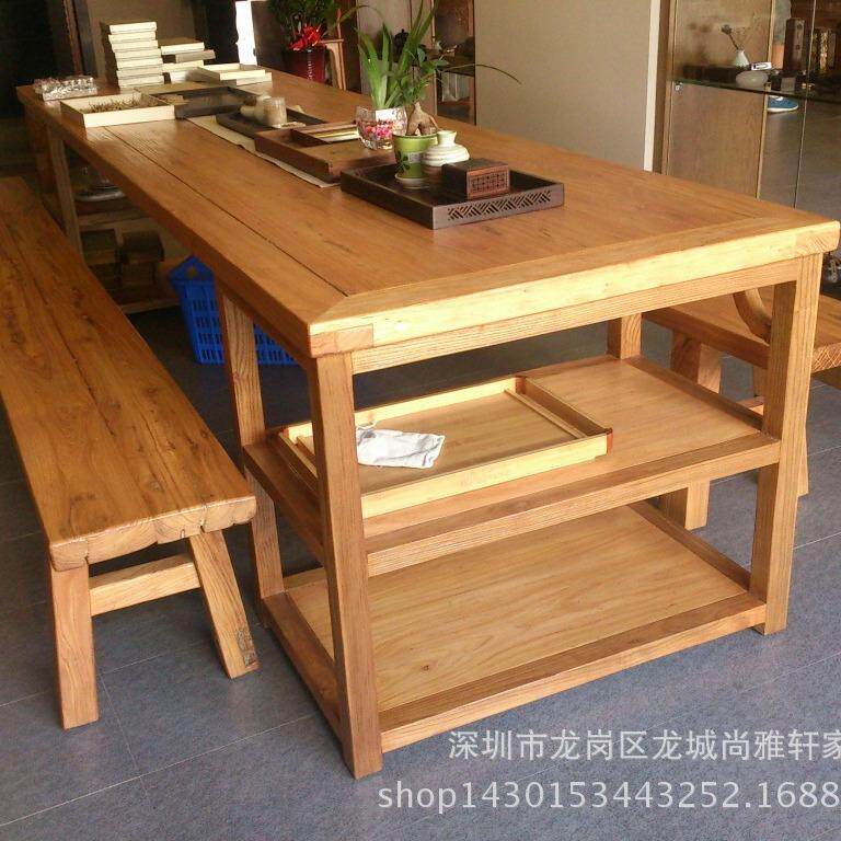 老榆木茶桌全实木会议台大板台3米长桌 新中式茶几带储物干湿泡台