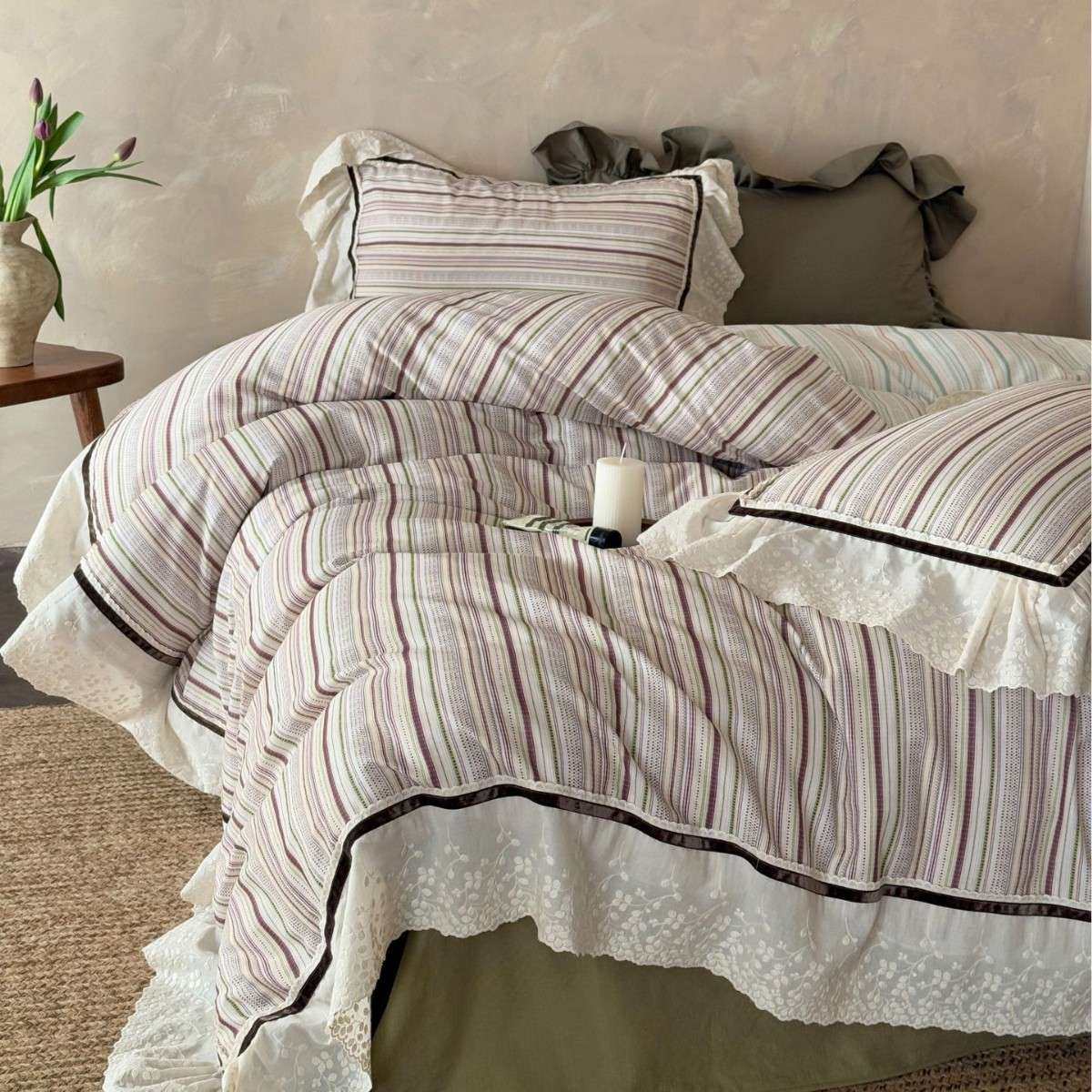 全棉双层纱条纹复古四件套纯棉床单法式花边被套床品套件,3C数码配件,其它配件,淘宝优惠券,粉丝福利购,淘宝优惠卷
