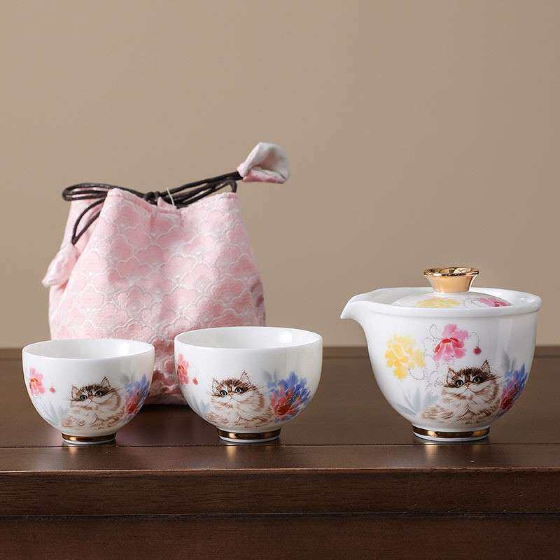 白瓷猫咪旅行快客杯泡茶壶一壶两杯便携小陶瓷茶杯茶壶公道杯