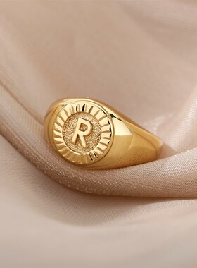Vintage Initial Letter Signet Rings For Women Stainless Stee