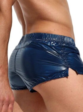 Mens Glossy Swimming Trunks Low Rise Sides Slit Solid Color