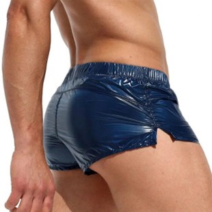 Mens Glossy Swimming Trunks Low Rise Sides Slit Solid Color
