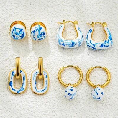 Fashion White and Blue Enamel Flower Round Beads Hoop Earrin