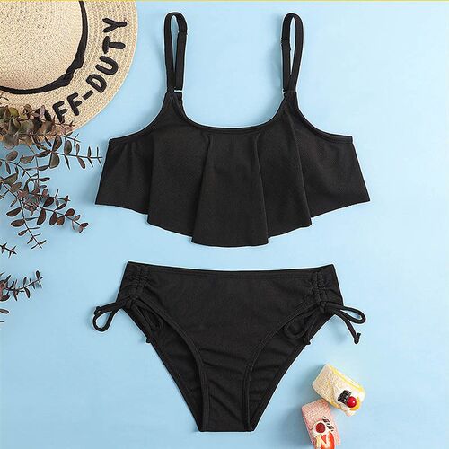 7-14 Years Girl Swimsuit Kids High Waist Bikini Set Solid Ri