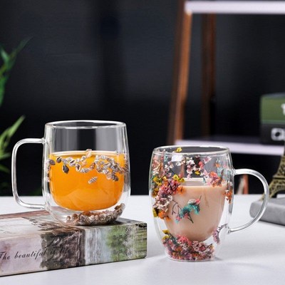 Creative Double Wall Glass Cup Real Flower Conch Flash Fille