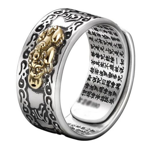 Chinese Feng Shui Pixiu Ring Silver Plated Copper Coins Adju