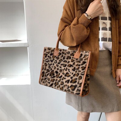 Top-Handle Bags Retro Cow Leopard Print PU Leather Plush Des