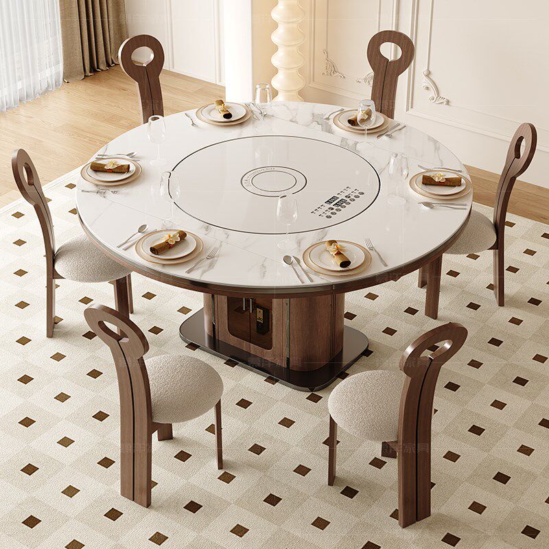 实木可变圆桌家用中古风复古岩板可伸缩内嵌转盘电磁炉餐桌椅,住宅家具,岩板餐桌,淘宝优惠券,粉丝福利购,淘宝优惠卷