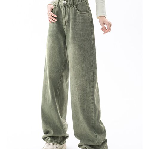 Green Women Jeans High Waist Loose Straight Leg Femme Jean F