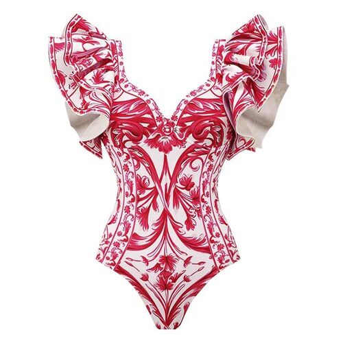 2024 Women Swimwear 2PC ver-up Swimsuit Ruffle Solid Printed