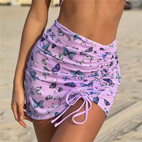 Women Summer Beach Skirt Sheer Butterfly Print High-Waist Sk