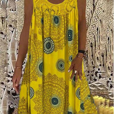 Fashion Elegant Vintage Geometric Print Loose Dress Women La