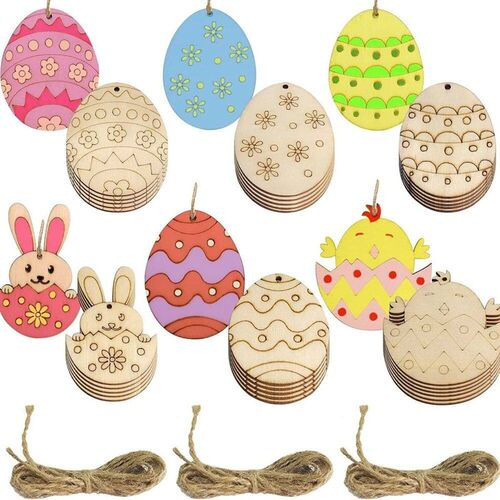 12pcs Wooden Rabbit Chick Pendants Creative Egg Hanging Orna