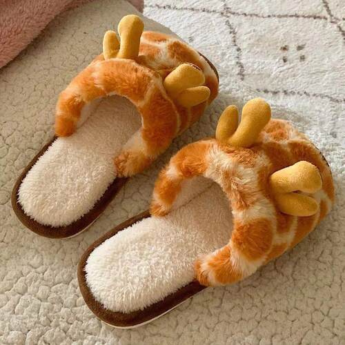 2023 Cartoon Giraffe Fluffy Fur Slippers Women Winter Warm P