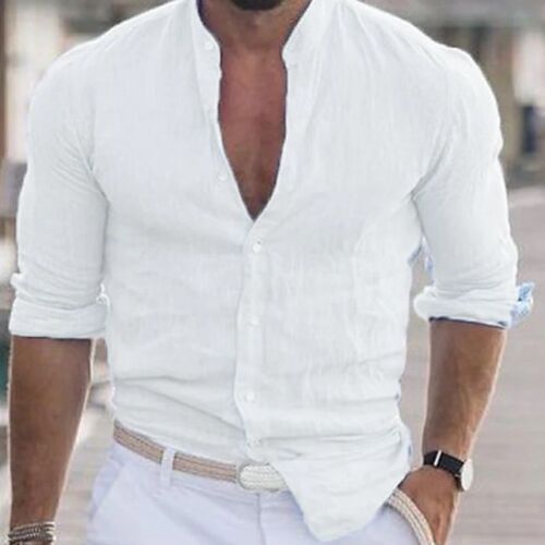 2023 Mens Casual Cotton Linen Shirt Mock Neck Solid Long Sl