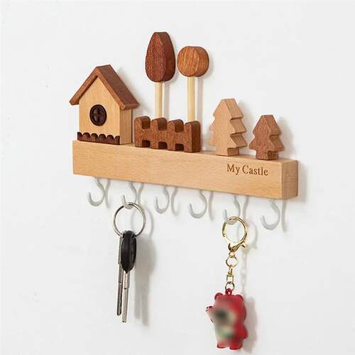 Row Hook 6 Hooks Key Hook Rack Wall Mounted Wooden Decorativ