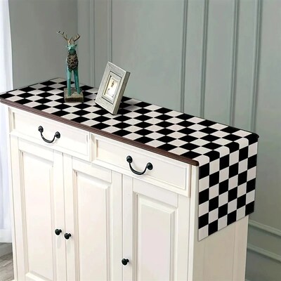 1pc Geometric Stripe Linen Table Runner, Modern Simple Black