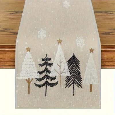 Christmas Table Runner - Beige and brown winter scene with p