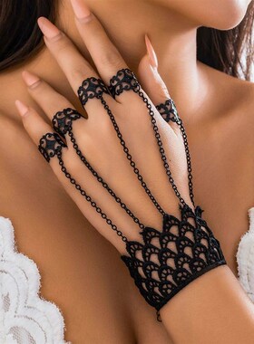 Creative Vintage Black Lace Finger Wrist Chain Rings Bracele